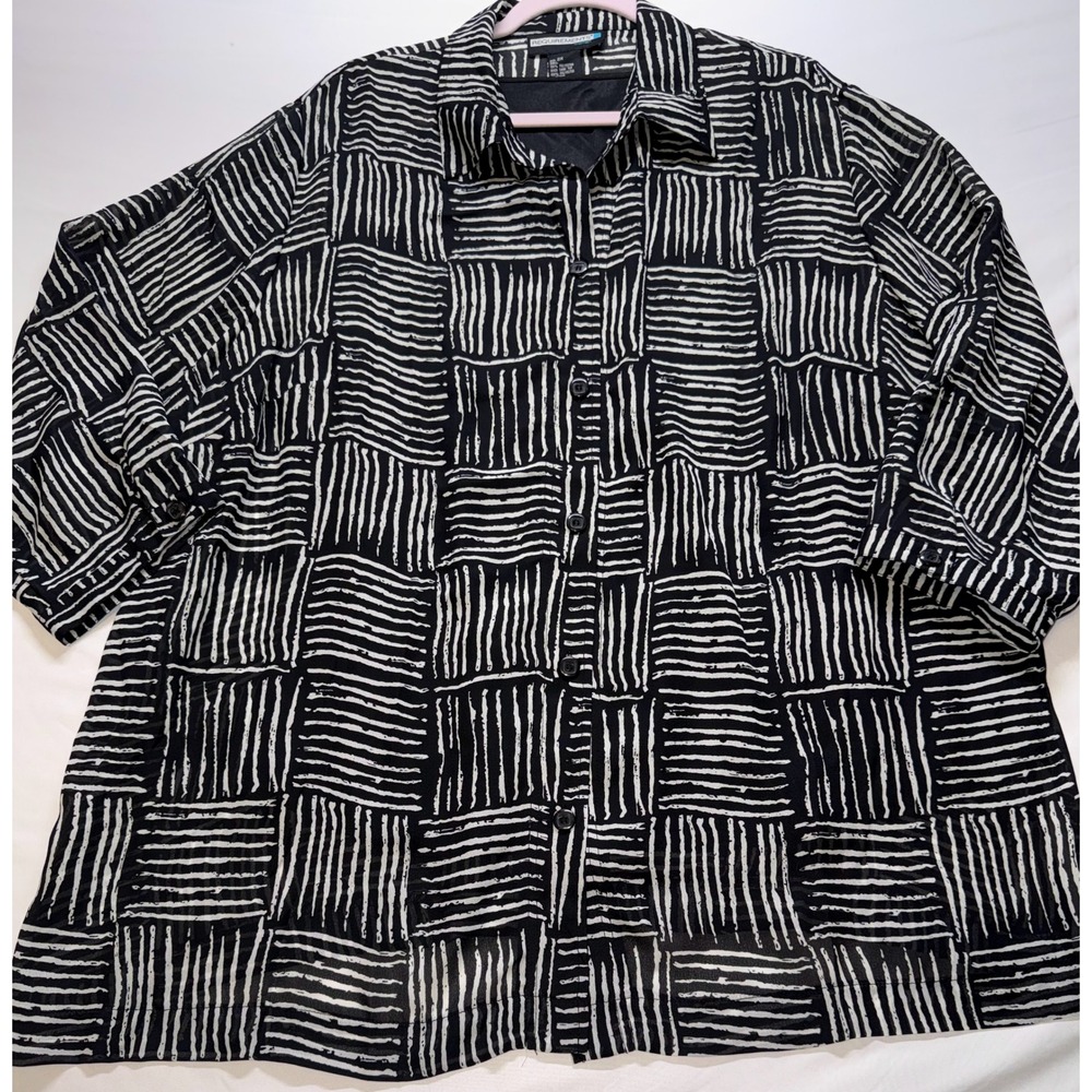 Requirements Button Up‎ Shirt Women 2X Black White Abstract Striped Print Blouse